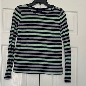 GAP Navy, Mint & Gray Striped Long Sleeve Tee with Shoulder Buttons